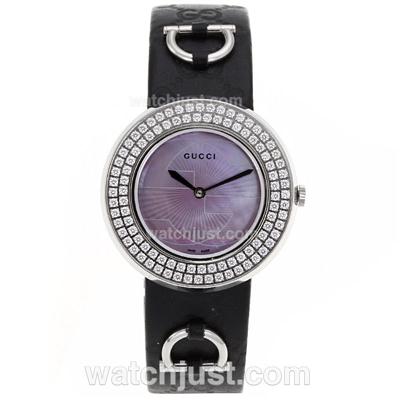 Gucci I-Gucci Collection Diamond Bezel with Purple MOP Dial-Black Leather Strap