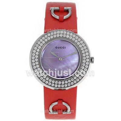 Gucci I-Gucci Collection Diamond Bezel with Purple MOP Dial-Red Leather Strap