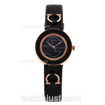 Gucci I-Gucci Collection Rose Gold Case Black Bezel with Black Dial-Black Leather Strap