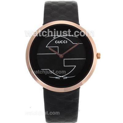 Gucci I-Gucci Collection Rose Gold Case with Black Dial-Black Leather Strap