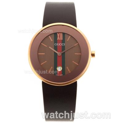 Gucci I-Gucci Collection Rose Gold Case with Brown Dial-Brown Leather Strap