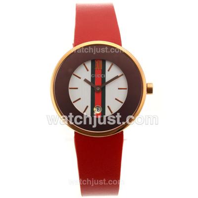 Gucci I-Gucci Collection Rose Gold Case with White Dial-Red Leather Strap