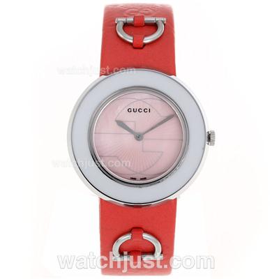 Gucci I-Gucci Collection White Bezel with Pink Dial-Red Leather Strap