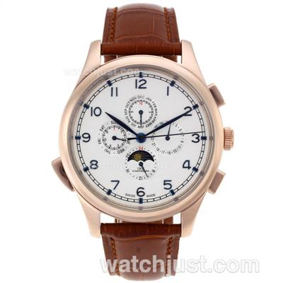 IWC Perpetual Calendar Automatic Rose Gold Case Blue Markers with White Dial-Leather Strap