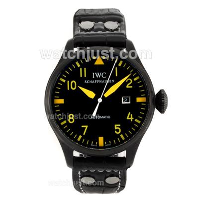 IWC Pilot Automatic PVD Case Yellow Markers with Black Dial-Leather Strap