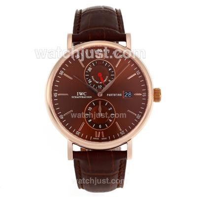 IWC Portofino Two Time Zone Automatic Rose Gold Case with Brown Dial-Leather Strap