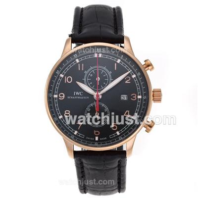 IWC Portuguese Working Chronograph Rose Gold Case with Black Dial-Leather Strap