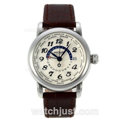 Montblanc Star Working GMT Automatic with White Dial Blue Markers-Leather Strap