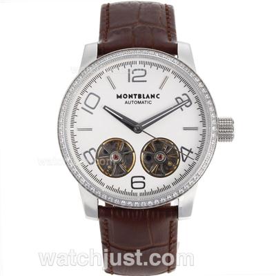 Montblanc Time Walker Double Tourbillons Automatic Diamond Bezel with White Dial-Leather Strap