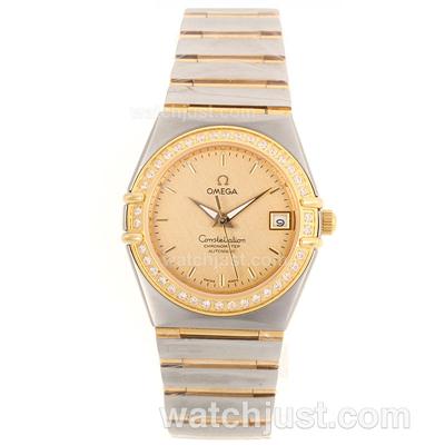 Omega Constellation Automatic Two Tone Diamond Bezel and Stick Markers with Golden Dial-18K Plated Gold Movement