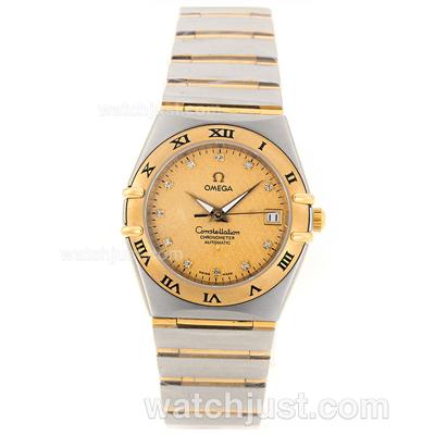 Omega Constellation Automatic Two Tone Diamond Markers with Golden Dial -18K Plated Gold Movement