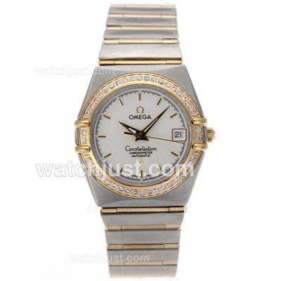 Omega Constellation Swiss ETA 2824 Movement Two Tone Diamond Bezel with White Dial-14K Wrapped Gold