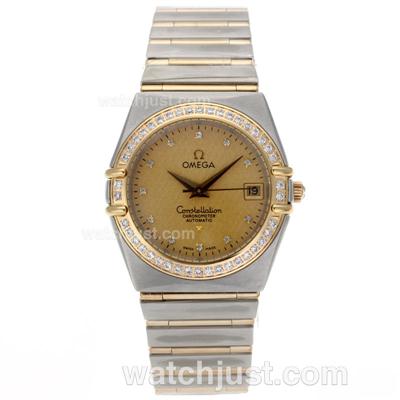 Omega Constellation Swiss ETA 2824 Movement Two Tone Diamond Markers and Bezel with Golden Dial-14K Wrapped Gold