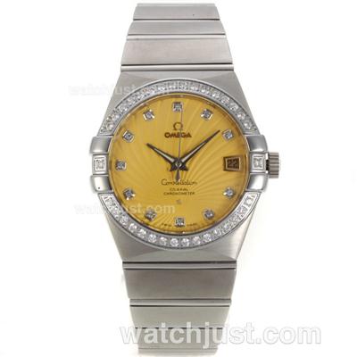 Omega Constellation Swiss ETA 2836 Movement Diamond Bezel Diamond Markers with Yellow Dial-Sapphire Glass S/S