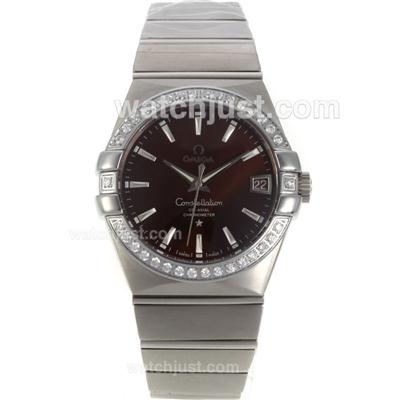 Omega Constellation Swiss ETA 2836 Movement Diamond Bezel with Brown Dial-Sapphire Glass S/S