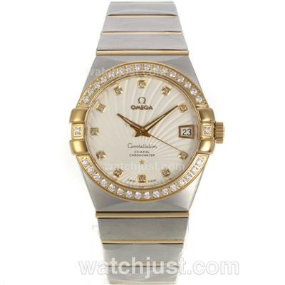 Omega Constellation Swiss ETA 2836 Movement Two Tone Diamond Bezel Diamond Markers with Beige Dial-Sapphire Glass