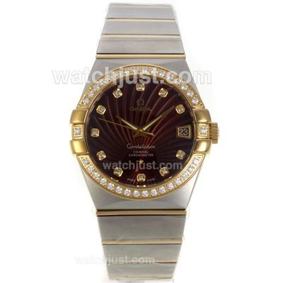 Omega Constellation Swiss ETA 2836 Movement Two Tone Diamond Bezel Diamond Markers with Brown Dial-Sapphire Glass