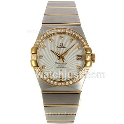 Omega Constellation Swiss ETA 2836 Movement Two Tone Diamond Bezel Diamond Markers with White Dial-Sapphire Glass