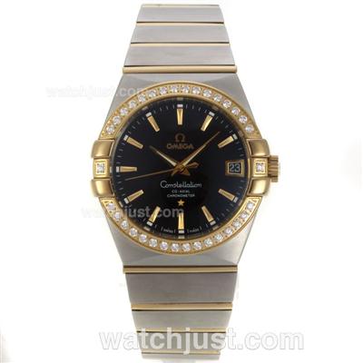 Omega Constellation Swiss ETA 2836 Movement Two Tone Diamond Bezel Stick Markers with Black Dial-Sapphire Glass