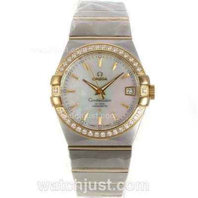 Omega Constellation Swiss ETA 2836 Movement Two Tone Diamond Bezel Stick Markers with MOP Dial-Sapphire Glass