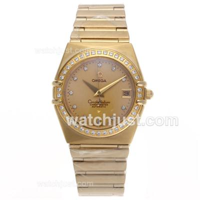 Omega Constellation Swiss ETA Movement Full Gold Diamond Bezel and Markers with Golden Dial