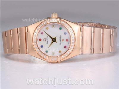 Omega Constellation Swiss ETA Movement Full Rose Gold with Diamond Bezel-MOP Dial Lady Size