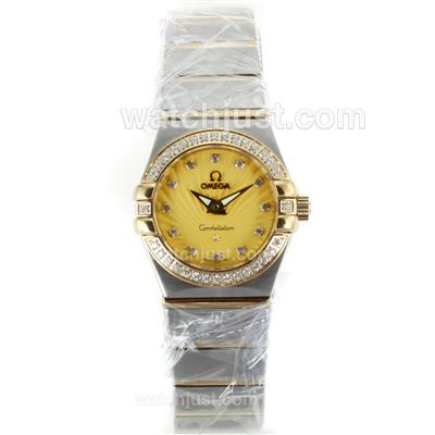 Omega Constellation Two Tone Diamond Bezel Diamond Markers with Golden Dial-Same Chassis as ETA Version-Lady Size