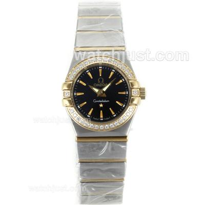 Omega Constellation Two Tone Diamond Bezel Stick Markers with Black Dial-Same Chassis as ETA Version-Lady Size