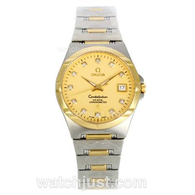 Omega Constellation Two Tone Diamond Markers with Golden Dial-Lady Size