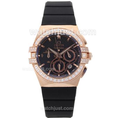 Omega Constellation Working Chronograph Rose Gold Case Diamond Bezel with Black Dial-Rubber Strap