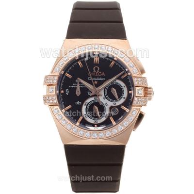 Omega Constellation Working Chronograph Rose Gold Case Diamond Bezel with Brown Dial-Rubber Strap