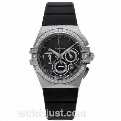 Omega Constellation Working Chronograph Titanium Case Diamond Bezel with Black Dial-Rubber Strap