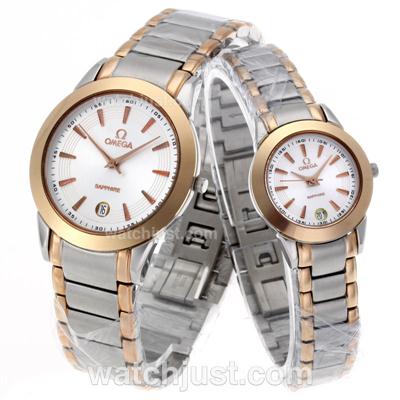 Omega De Ville Two Tone Stick Markers with White Dial-Sapphire Glass