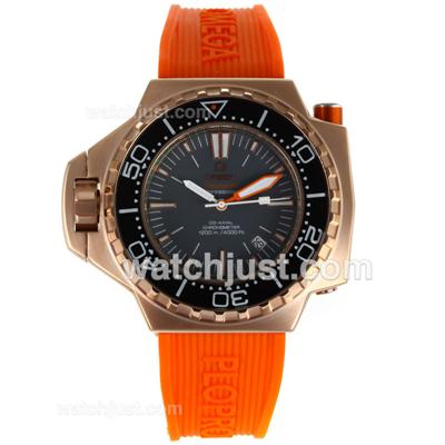 Omega Seamaster Co-Axial Automatic Rose Gold Case with Gray Dial-Orange Rubber Strap