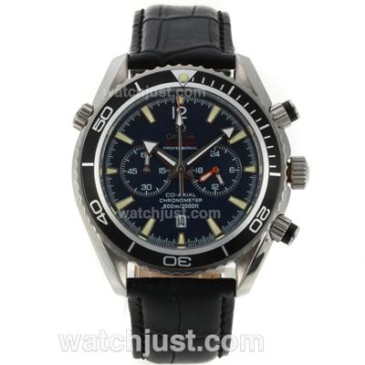 Omega Seamaster Planet Ocean Working Chronograph Black Bezel with Black Dial-Black Leather Strap