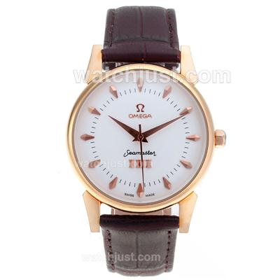 Omega Seamaster Rose Gold Case Stick Markers with White Dial-Leather Strap