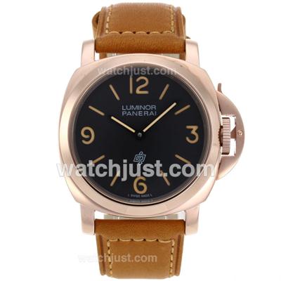 Panerai Luminor OP Logo Unitas 6497 Movement Rose Gold Case with Black Dial-Brown Leather Strap