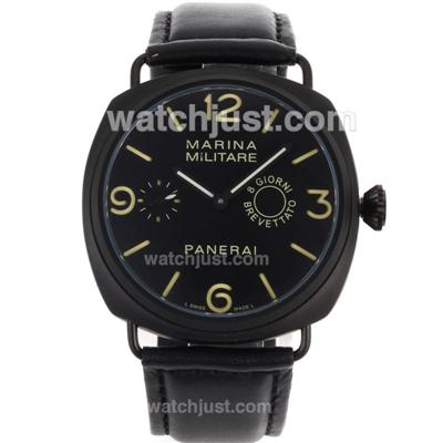 Panerai Marina Militare Unitas 6497 Movement Swan Neck PVD Case with Black Dial-Leather Strap