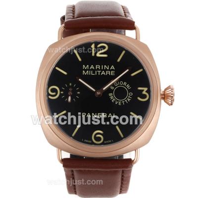 Panerai Marina Militare Unitas 6497 Movement Swan Neck Rose Gold Case with Black Dial-Leather Strap