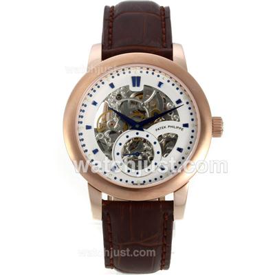 Patek Philippe Automatic Rose Gold Case Blue Markers with Skeleton/White Dial-Brown Leather Strap