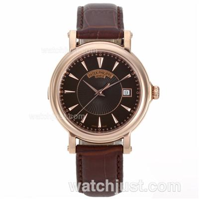 Patek Philippe Automatic Rose Gold Case Brown Dial with Leather Strap-18K Plated Gold Movement