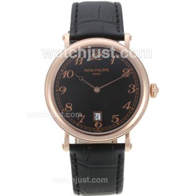 Patek Philippe Automatic Rose Gold Case with Black Dial-Leather Strap