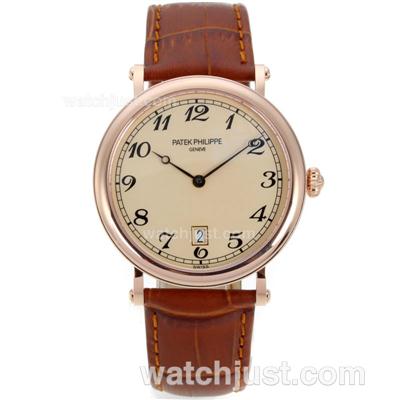 Patek Philippe Automatic Rose Gold Case with Yellow Dial-Leather Strap