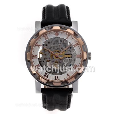 Patek Philippe Automatic Two Tone Case with Skeleton Dial-Leather Strap