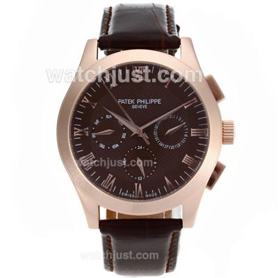 Patek Philippe Classic Automatic Rose Gold Case Roman Markers with Brown Dial-Leather Strap