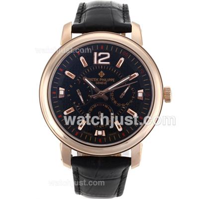 Patek Philippe Classic Automatic Rose Gold Case with Black Dial-Leather Strap