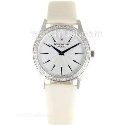 Patek Philippe Classic Diamond Bezel Blue Stick Markers with White Dial-White Leather Strap