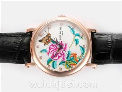 Patek Philippe Classic Manual Winding Rose Gold Case Diamond Marking Flower Illustration with Enamel Dial