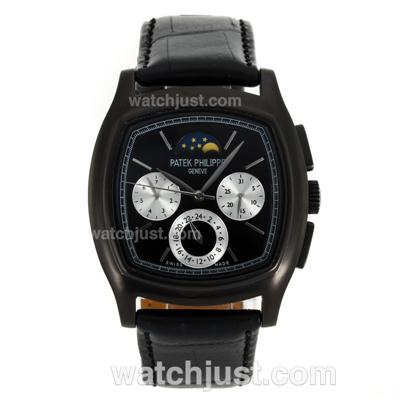 Patek Philippe Classic Moonphase Automatic PVD Case Stick Markers with Black Dial-Leather Strap