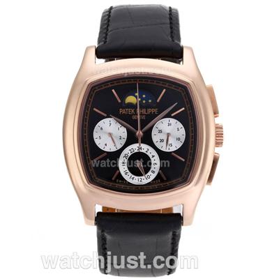 Patek Philippe Classic Moonphase Automatic Rose Gold Case with Black Dial-Leather Strap